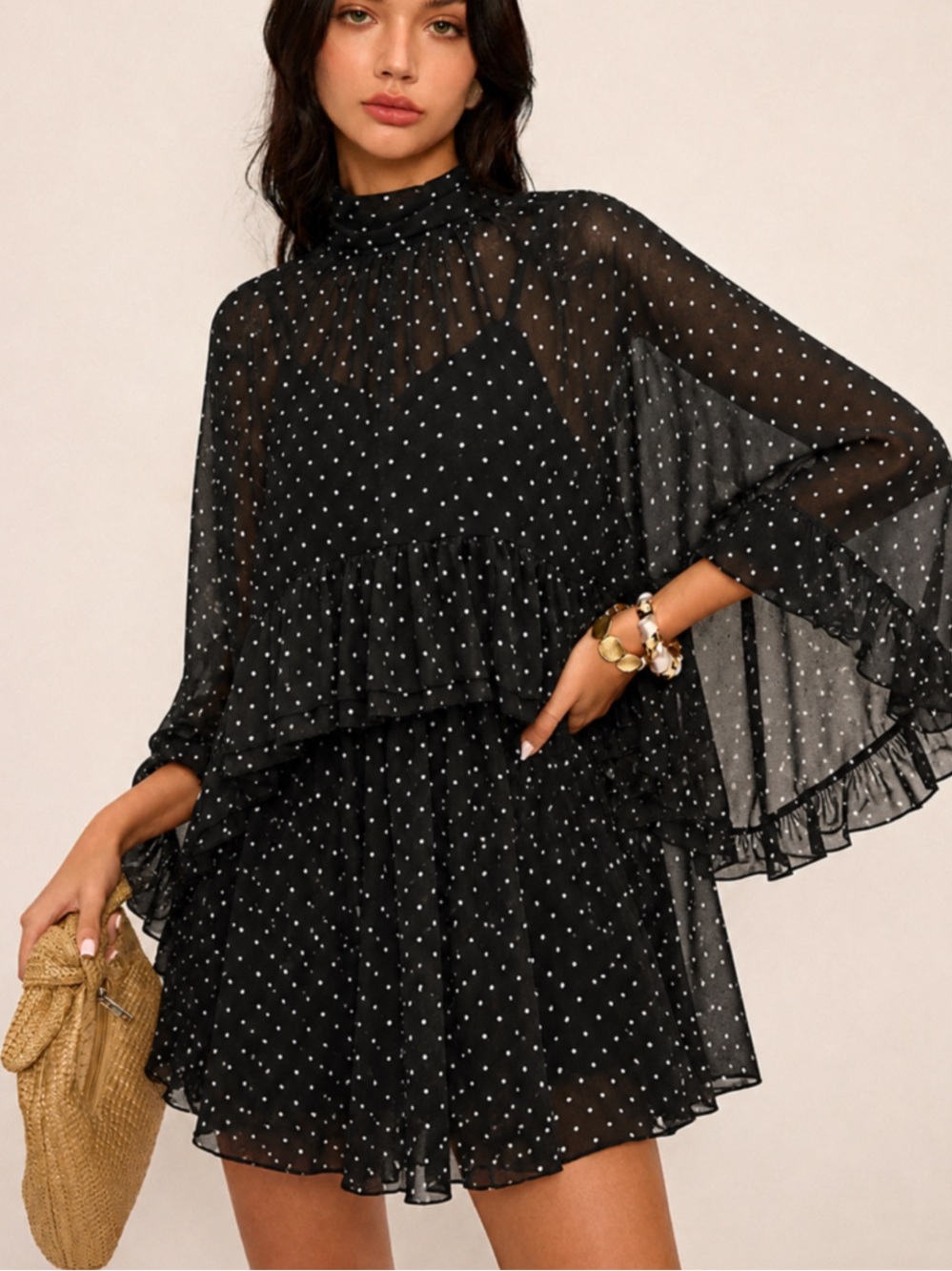 Commense Polka Dot Chiffon Two Piece Layered Cape Dress Set Black White Medium